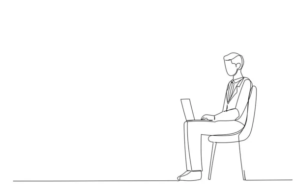 Drawing Serious Young Business Man Sitting Chair Using Laptop One — 스톡 벡터