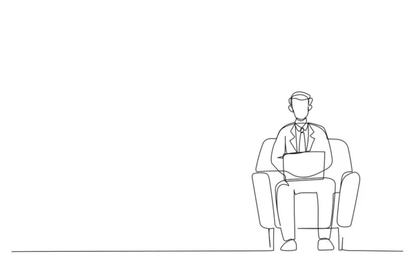 Single Line Drawing Male Business Man Working Online Sitting Armchair —  Vetores de Stock