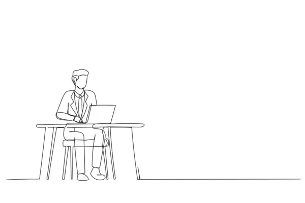 One Line Illustration Man Working Desk Modern Office Cartoon Happy — Archivo Imágenes Vectoriales