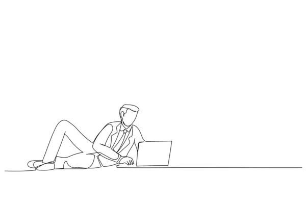 Continuous Line Relaxed Man Laptop Computer Millennials Freelancing Having Remote — Wektor stockowy