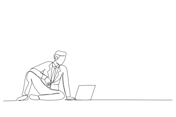 Desenho Linha Única Cara Alegre Atraente Sentado Usando Laptop Assistindo — Vetor de Stock