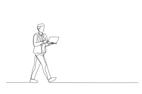 One Line Illustration Young Business Man Happy Walk Type Report — ストックベクタ