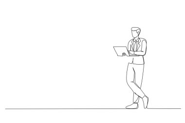 Kendine güvenen ve bacak bacak bacak üstüne atmış ciddi ve zeki bir yöneticinin sürekli çizimi.