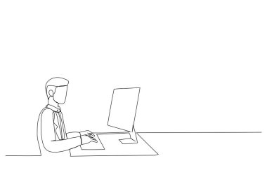 Bir video konferansında evden çalışan bir iş adamı. Adam iş arkadaşlarıyla gelecekteki strateji hakkında video görüşmeleri yapıyor. Mesafeli iş. Tek çizgi tasarımı styl