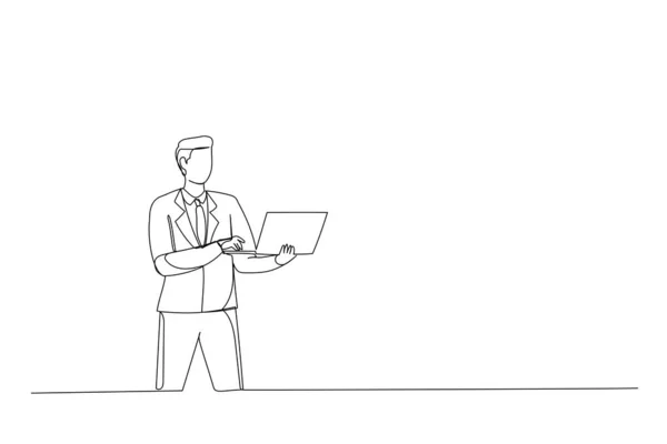Single Line Drawing Attractive Guy Agent Broker Holding Hands Laptop — Vetor de Stock