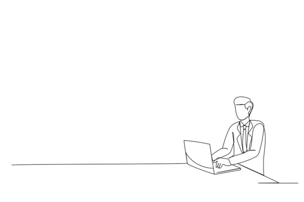 Illustration Young Man Sitting His Desk Office Searching News Internet — Archivo Imágenes Vectoriales