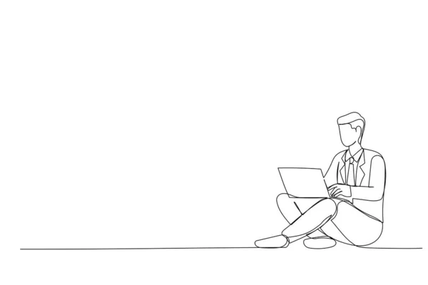Drawing Young Man Using Laptop Studying Technology One Line Design — Vetor de Stock