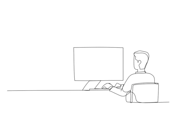 Character Guy Sitting Workplace Working Software Continuous Line Design Styl — Stock vektor