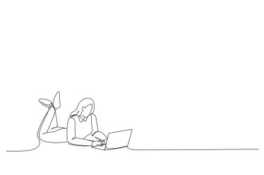 Drawing of woman lie floor work laptop get incredible blogging notification Single Line art