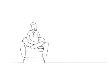 Genç bir kadının dizüstü bilgisayarını bir satırlık resimde kullanması.