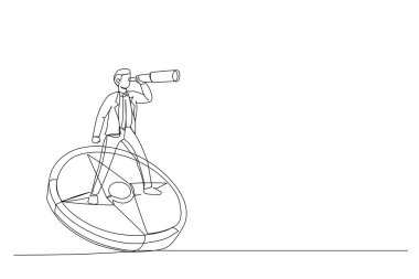 Pusula üzerinde duran işadamlarının çizimleri yön gösteriyor. Strateji sembolü, gelecek vizyonu. Tek satır sanat tarzı