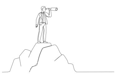 Dağın tepesinde duran ve başarı arayan bir adam karikatürü. İş finansmanı, liderlik, iş kurma. Tek satır aralıksız sanat biçimi