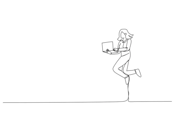 Иллюстрация Забавной Деловой Леди Прыгать Высоко Держать Руки Ноутбука Непрерывной — стоковый вектор