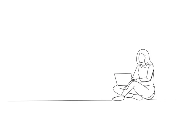 Drawing Woman Using Laptop While Sitting Floor Continous Line Art — Archivo Imágenes Vectoriales