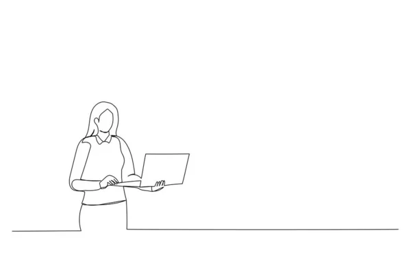 Cartoon Young Businesswoman Wearing Eyeglasses Holding Laptop Office Continuous Line — Stockový vektor