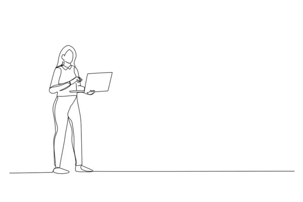 Illustration Happy Woman Using Laptop Computer One Line Style Art — Stok Vektör