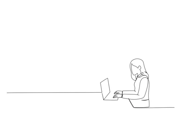 Illustration Business Woman Using Laptop Computer Office One Continuous Line — Stockvector