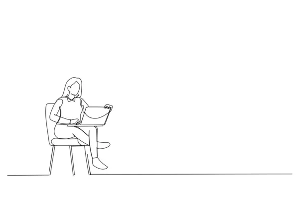 Cartoon Young Woman Using Laptop Home Space Text Single Line — Stockvektor