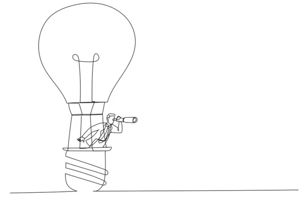 Drawing Businessman Riding Light Bulb Balloon Using Spyglass Telescope Searching — Vector de stock