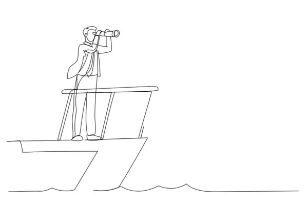 Cartoon Smart Businessman Boat Captain Control Steering Wheel Helm Telescope — Image vectorielle