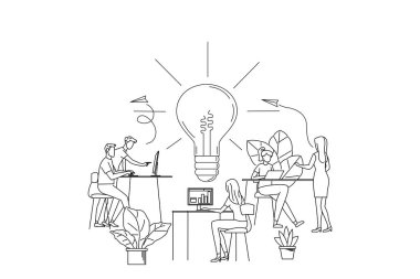 Uzaktan yönetimin çizimi, yeni fikirler aramak, şirkette birlikte çalışmak.