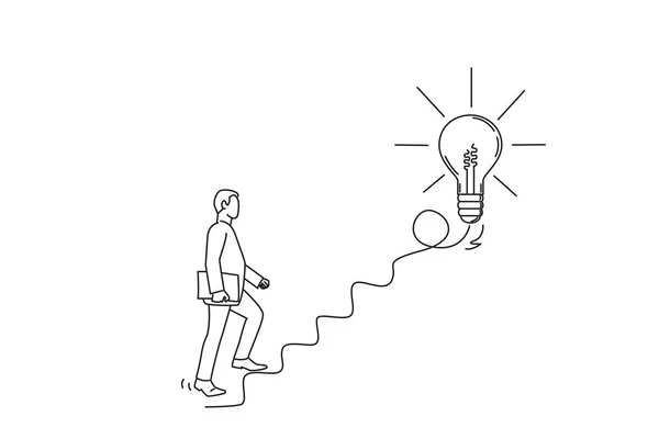 Drawing Businessman Start Walking Electricity Line Stairway Big Idea Lightbul — Vector de stock