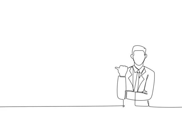 Drawing Excited Businessman Presenting Copy Space Single Line Art Styl — ストックベクタ