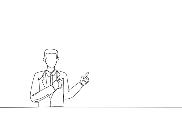 Cartoon Young Businessman Pointing Side Upwards Both Hands Showing Object — ストックベクタ
