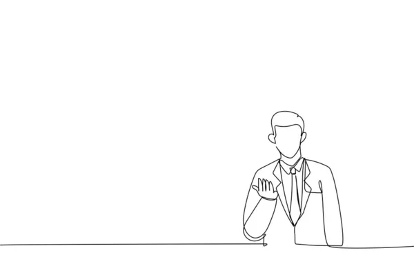 Illustration Smiling Businessman Hand Beckoning Someone One Line Art Styl — ストックベクタ