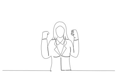 Hevesli Asyalı bir kadının sevinç gösterisi, evet de ve zaferi kutla, şampiyon dansı, yumruk sallama hareketi. Bir satır biçimi ar