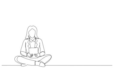 Drawing of smiling young businesswoman meditating at workplace. Single line art styl