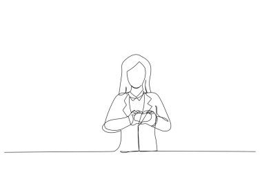 Drawing of Beautiful business woman smiling in love showing heart symbol and shape with hands. Single line art styl