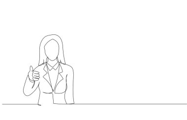 İki elle baş parmak işareti gösteren güzel bir kız resmi. Tek ve sürekli çizgi ar