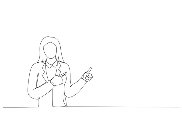 Cartoon Young Cheerful Woman Showing Way Fingers Single Continuous Line — Διανυσματικό Αρχείο