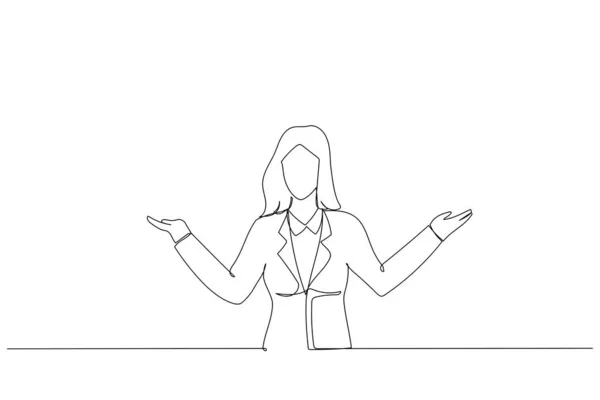 Desenhos Animados Mulher Gesticulando Com Mãos Mostrando Equilíbrio Linha Contínua —  Vetores de Stock