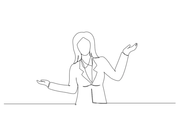 Illustration Pretty Female Boss Keeps Fit Healthy Raises Hands Shows — Διανυσματικό Αρχείο