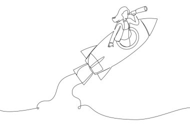 Drawing of businesswoman manager open rocket window using telescope looking forward. Entrepreneurship, leadership to see future vision. Single continuous line art