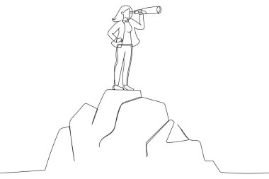 Cartoon of woman standing on top of mountain, Looking of success. Business finance, leadership, business Startup. Single continuous line art style