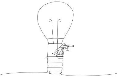 Drawing of businesswoman riding light bulb balloon using spyglass or telescope searching for vision. Search for new business opportunity, challenge or achievement concept. Single continuous line art