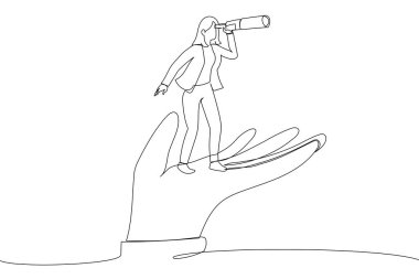 Cartoon of businesswoman stand on support hand look into telescope vision. Support or empowerment for career development. Single continuous line art style