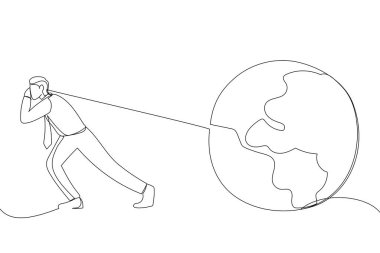 Illustration of businessman moving the globe, environmental sustainability metaphor. One line art style