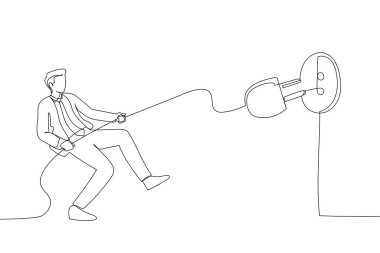 Illustration of man pulling electric cord to unplug to save money or for ecology power. One line art style