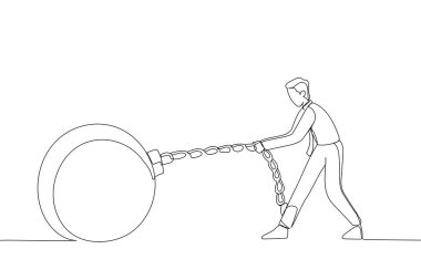 Drawing of businessman pulling hard big Iron ball chained to his leg. Single continuous line art