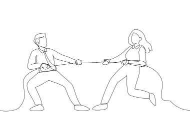 Drawing of Tug of war. Man and woman are pulling rope. Business competitive metaphor. Single line art style
