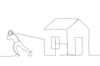 Drawing of man pulled heavy houses. Single continuous line art