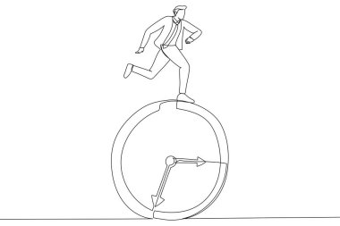 Cartoon of businessman running on clock. Deadline concept. Single continuous line art style