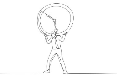 Illustration of businessman salary man carry heavy big clock burden. Time management failure concept. One continuous line art style