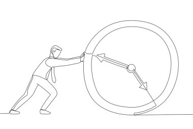 Cartoon of Business Man Push Clock Businessman. Deadline Concept. Continuous line art style