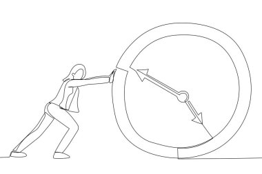 Cartoon of Business woman Push Clock Businessman. Deadline Concept. Continuous line art style