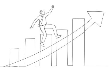 Single line drawing of businessman riding skateboard fast on rising up profit graph diagram. 